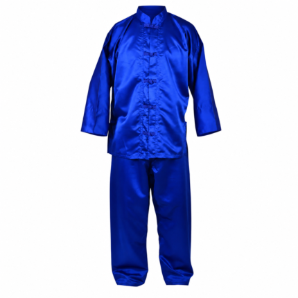 Custom Blue Kung Fu Uniform Polyester Satin Suit with Toggle Closures for OEM B2B Manufacturing