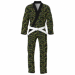 Custom camo bjj gi in green woodland camouflage pattern with black lapel