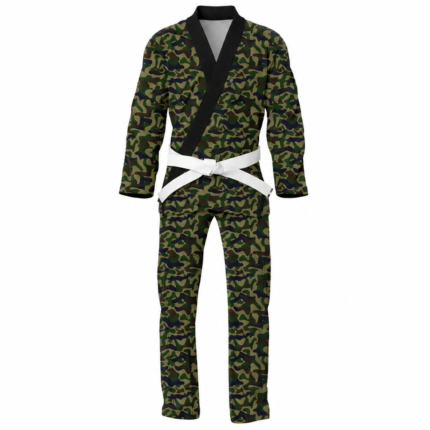 Custom camo bjj gi in green woodland camouflage pattern with black lapel