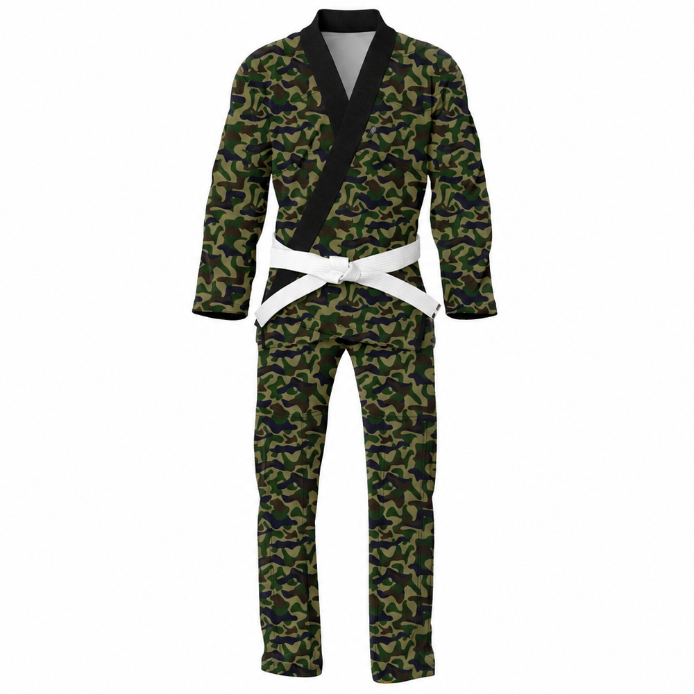 custom-camo-bjj-gi-green-camouflage-kimono.jpg Custom camo bjj gi in green woodland camouflage pattern with black lapel