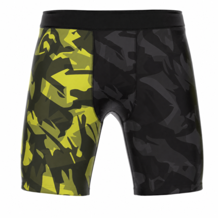 Custom camo mma shorts with dual yellow and black sublimated camouflage design for fightwear