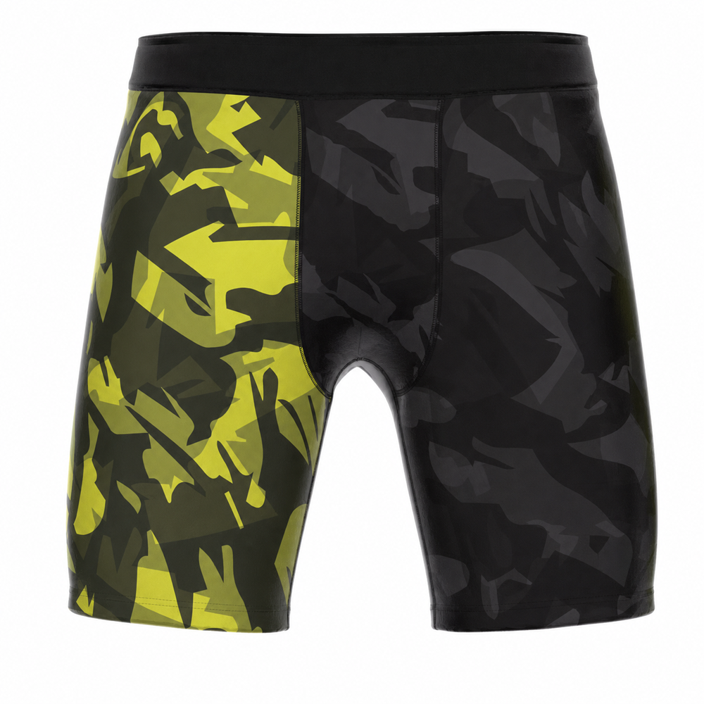 custom-camo-mma-shorts-oem-fightwear-partner.jpg Custom camo mma shorts with dual yellow and black sublimated camouflage design for fightwear