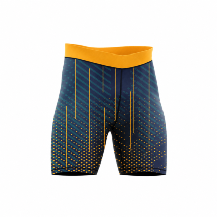 Custom compression shorts with navy and yellow sublimated geometric pattern and yellow waistband