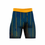 Custom compression shorts with navy and yellow sublimated geometric pattern and yellow waistband