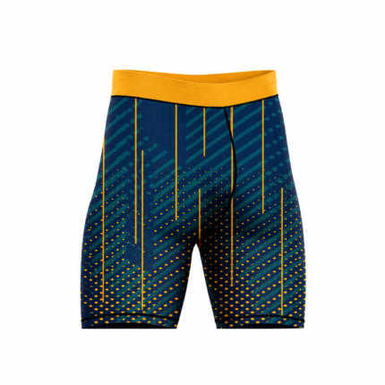 Custom compression shorts with navy and yellow sublimated geometric pattern and yellow waistband
