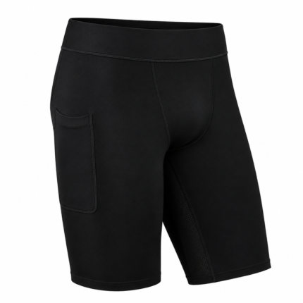 Black custom compression shorts with pocket on side thigh for gym and fitness training