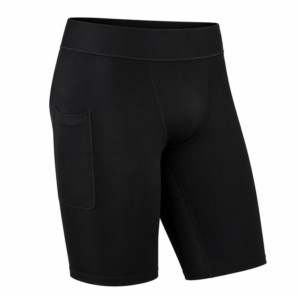 custom-compression-shorts-with-pocket-black-oem-activewear.jpg Black custom compression shorts with pocket on side thigh for gym and fitness training