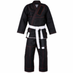 Custom double weave judo gi in stealth black cotton with red contrast stitching and white belt