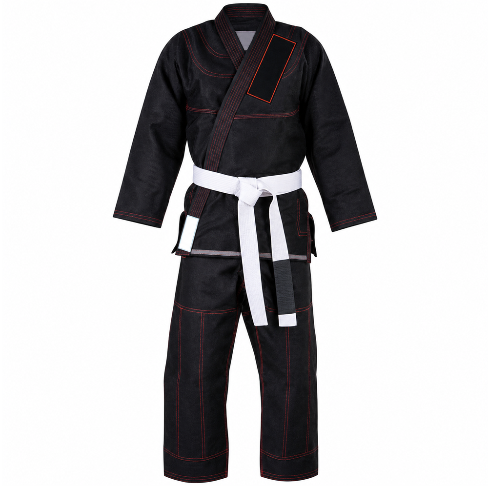 custom-double-weave-judo-gi-black-judogi-uniform.jpg Custom double weave judo gi in stealth black cotton with red contrast stitching and white belt