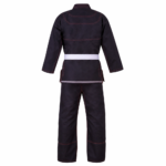 Custom double weave judo gi in stealth black cotton with red contrast stitching and white belt