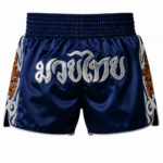 Navy blue custom embroidery satin muay thai shorts with silver Thai script and side tiger embroidery