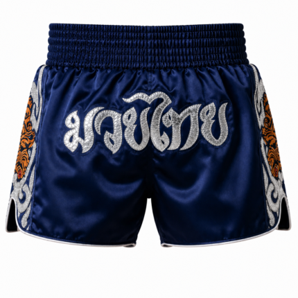 Navy blue custom embroidery satin muay thai shorts with silver Thai script and side tiger embroidery