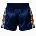 Navy blue custom embroidery satin muay thai shorts with silver Thai script and side tiger embroidery