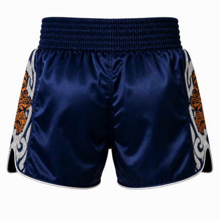 Navy blue custom embroidery satin muay thai shorts with silver Thai script and side tiger embroidery