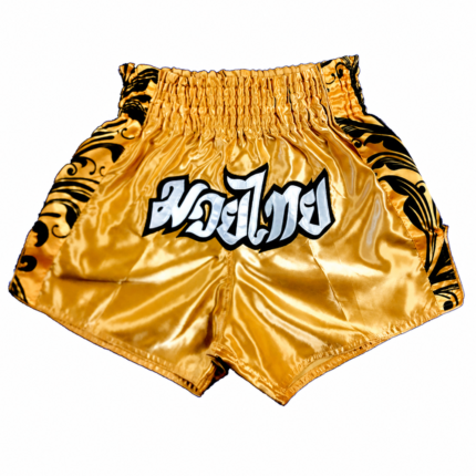 Custom gold muay thai shorts in shiny satin with Thai script embroidery and black side tribal panels