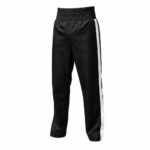 Custom kickboxing trousers in black satin with white side stripes and wide elastic waistband