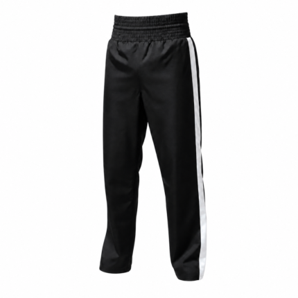 Custom kickboxing trousers in black satin with white side stripes and wide elastic waistband