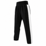 Custom kickboxing trousers in black satin with white side stripes and wide elastic waistband