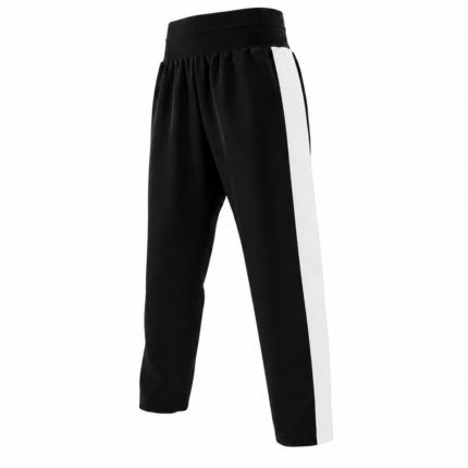 Custom kickboxing trousers in black satin with white side stripes and wide elastic waistband