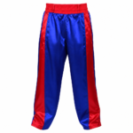 Custom kickboxing trousers in royal blue satin with red side panels and red elastic waistband
