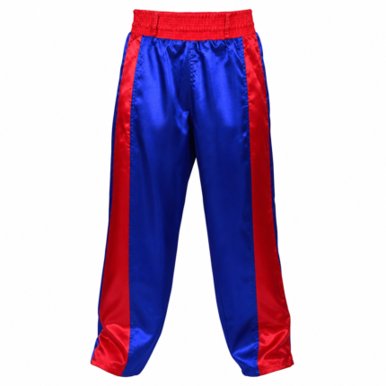 Custom kickboxing trousers in royal blue satin with red side panels and red elastic waistband