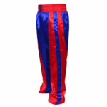 Custom kickboxing trousers in royal blue satin with red side panels and red elastic waistband