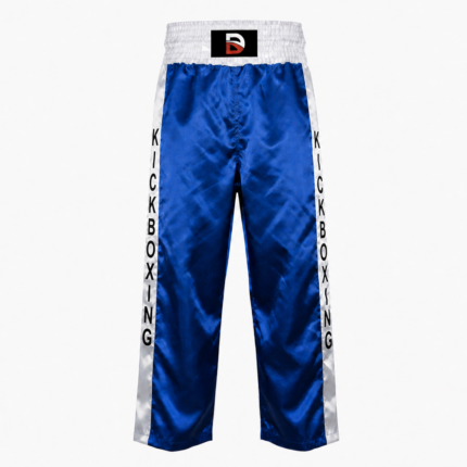 Custom kickboxing trousers in royal blue satin with white side panels printed with kickboxing text