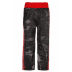 Custom kickboxing trousers in grey sublimated camo with red waistband and red side stripes