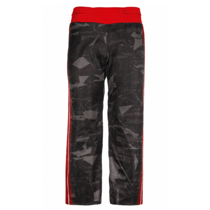 Custom kickboxing trousers in grey sublimated camo with red waistband and red side stripes