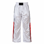 Custom kickboxing trousers in white satin with red and black side stripes and wide elastic waistband