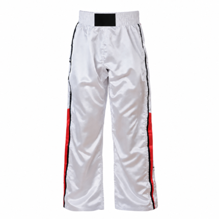 Custom kickboxing trousers in white satin with red and black side stripes and wide elastic waistband