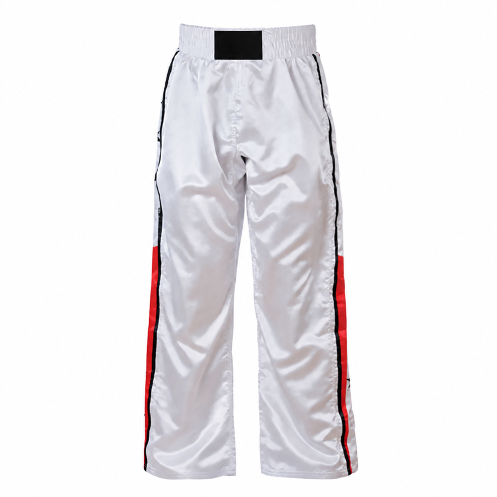 custom-kickboxing-trousers-white-satin-red-black-stripes.jpg Custom kickboxing trousers in white satin with red and black side stripes and wide elastic waistband