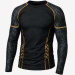 Custom Long Sleeve Rash Guard in black with gold accents and camo sleeves for BJJ MMA compression wear manufacturing