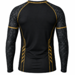 Custom Long Sleeve Rash Guard in black with gold accents and camo sleeves for BJJ MMA compression wear manufacturing