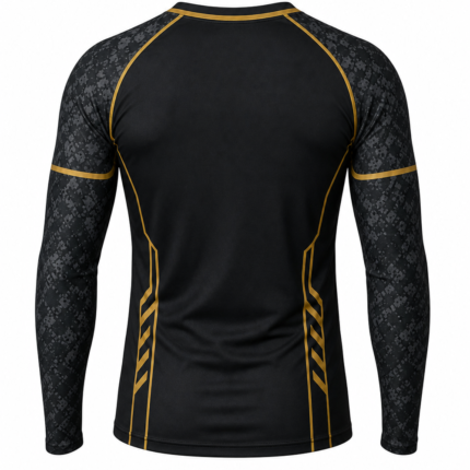Custom Long Sleeve Rash Guard in black with gold accents and camo sleeves for BJJ MMA compression wear manufacturing