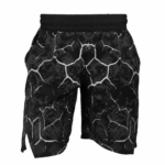 Custom mma shorts in black and grey cracked pattern with elastic waistband for grappling