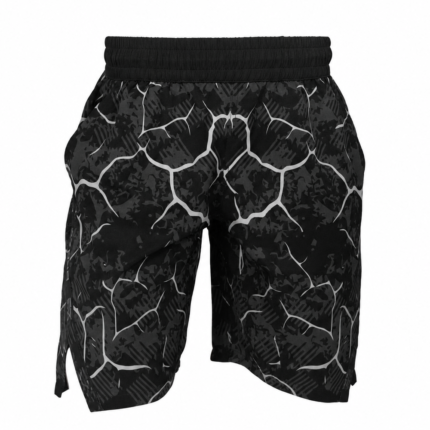 Custom mma shorts in black and grey cracked pattern with elastic waistband for grappling