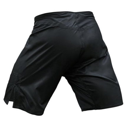Custom mma shorts in solid stealth black with hook and loop waistband closure and side leg slits