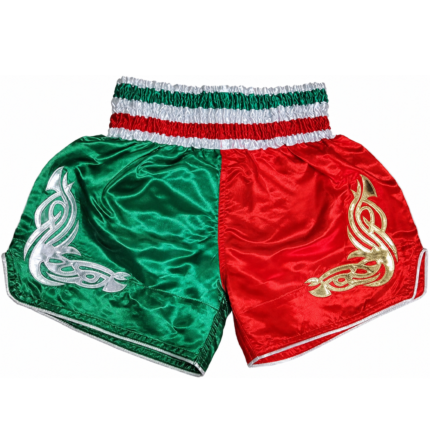 Custom muay thai shorts in green and red satin with hand embroidered tribal patches