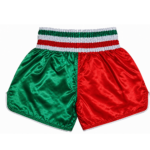 Custom muay thai shorts in green and red satin with hand embroidered tribal patches