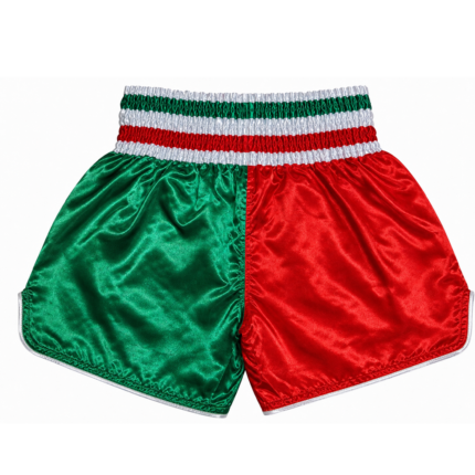 Custom muay thai shorts in green and red satin with hand embroidered tribal patches