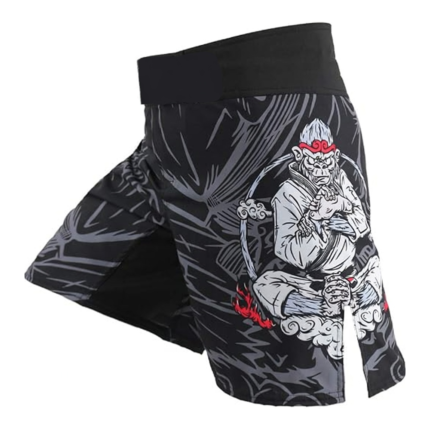 Custom no-gi grappling shorts with BJJ monkey sublimation graphic and side splits