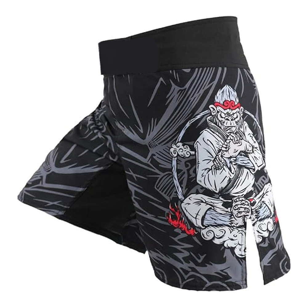 custom-no-gi-grappling-shorts-monkey-bjj-graphic.jpg Custom no-gi grappling shorts with BJJ monkey sublimation graphic and side splits