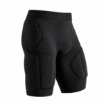 Solid black custom padded compression shorts with protective EVA foam pads for thighs and hips