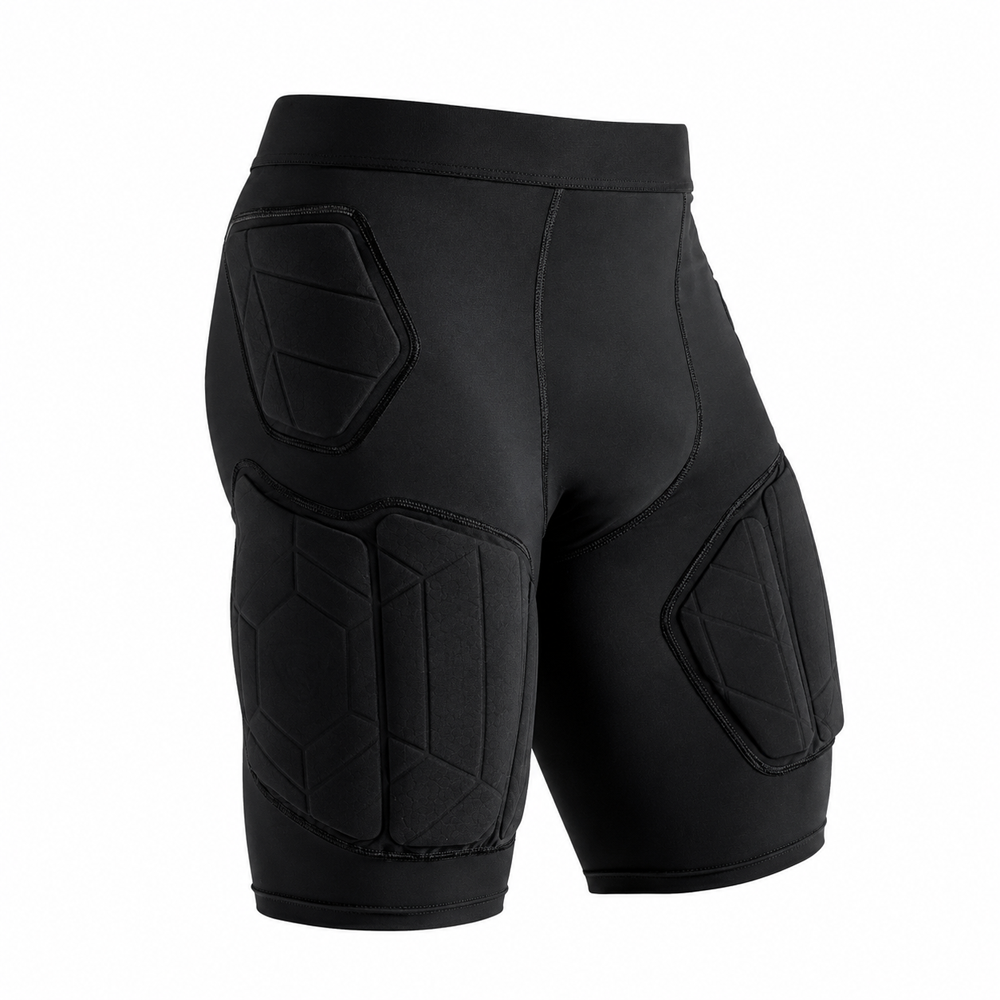 custom-padded-compression-shorts-impact-protection.jpg Solid black custom padded compression shorts with protective EVA foam pads for thighs and hips