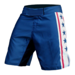 Custom patriotic mma shorts in navy blue with stars and stripes side panel trim