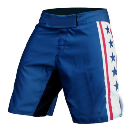 Custom patriotic mma shorts in navy blue with stars and stripes side panel trim