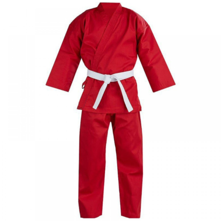 Custom red judo uniform in 7oz poly cotton with white belt for martial arts students