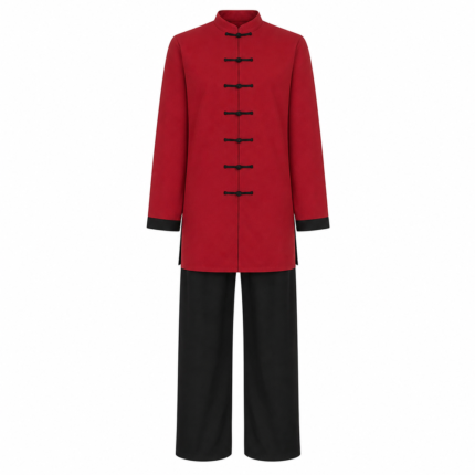 Custom Red Kung Fu Uniform Stretch Synthetic Fiber Suit with Black Trousers for OEM B2B Manufacturing
