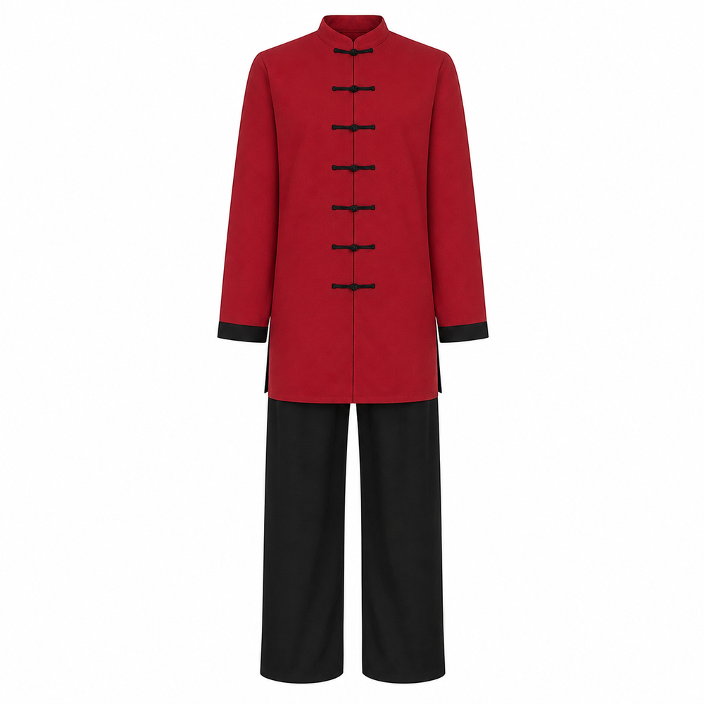 custom-red-kung-fu-uniform-wholesale-suit.jpg Custom Red Kung Fu Uniform Stretch Synthetic Fiber Suit with Black Trousers for OEM B2B Manufacturing